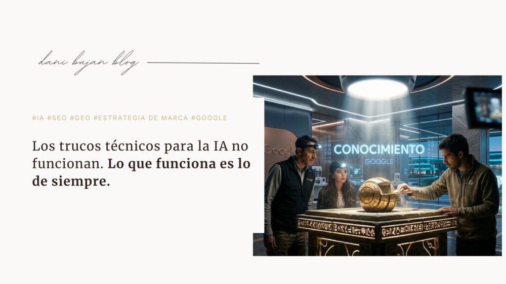 Empleados de Google descifran un artefacto antiguo iluminado por un rayo de luz, con la palabra "Conocimiento" proyectada al fondo.